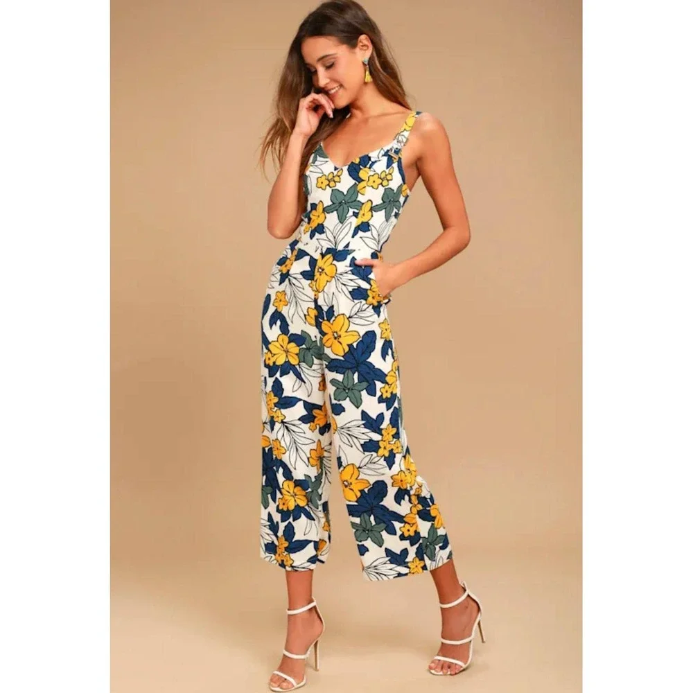 J.O.A. Los Angeles Floral Wide Leg Jumpsuit Small Yellow Navy Culotte Crop Lulus